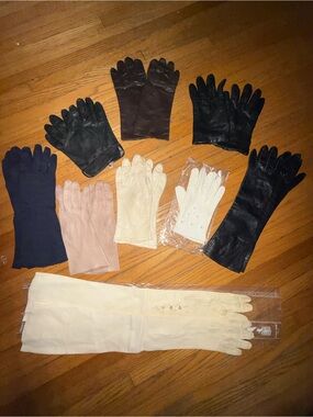 9 Pairs Vintage Mixed Gloves Lot - Black, Cream, Navy, Tan, Roger Fare